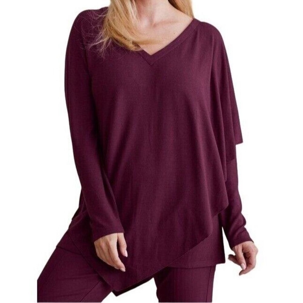 Soft Surroundings Tunic Madeline Cape Overlay Knit Top-Purple Wine-Women Large